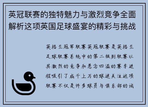 英冠联赛的独特魅力与激烈竞争全面解析这项英国足球盛宴的精彩与挑战